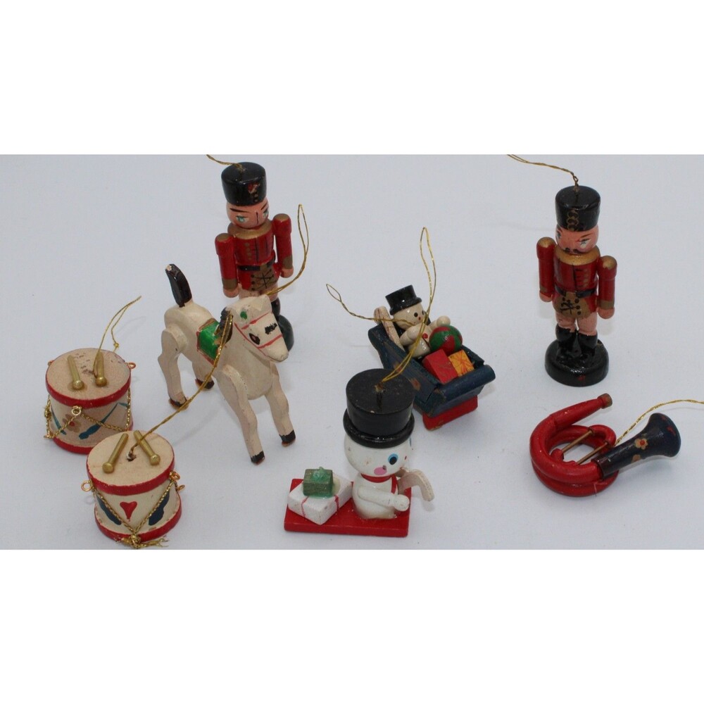 Lot 8 Vintage Small Wooden Christmas Ornaments Drum Nutcracker Horn Horse Snow